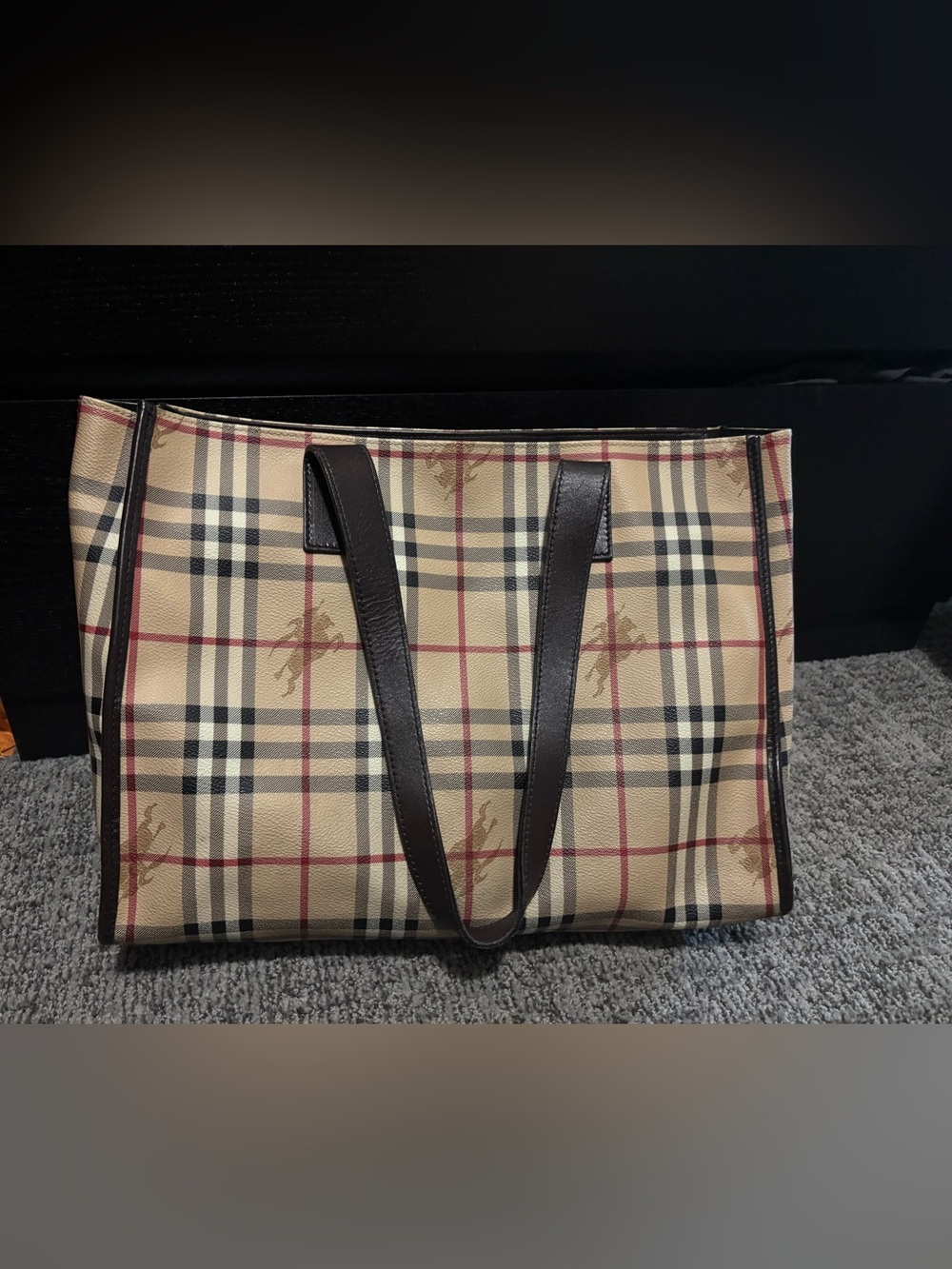 Burberry Beige Plaid Tote with Dark Brown Straps
